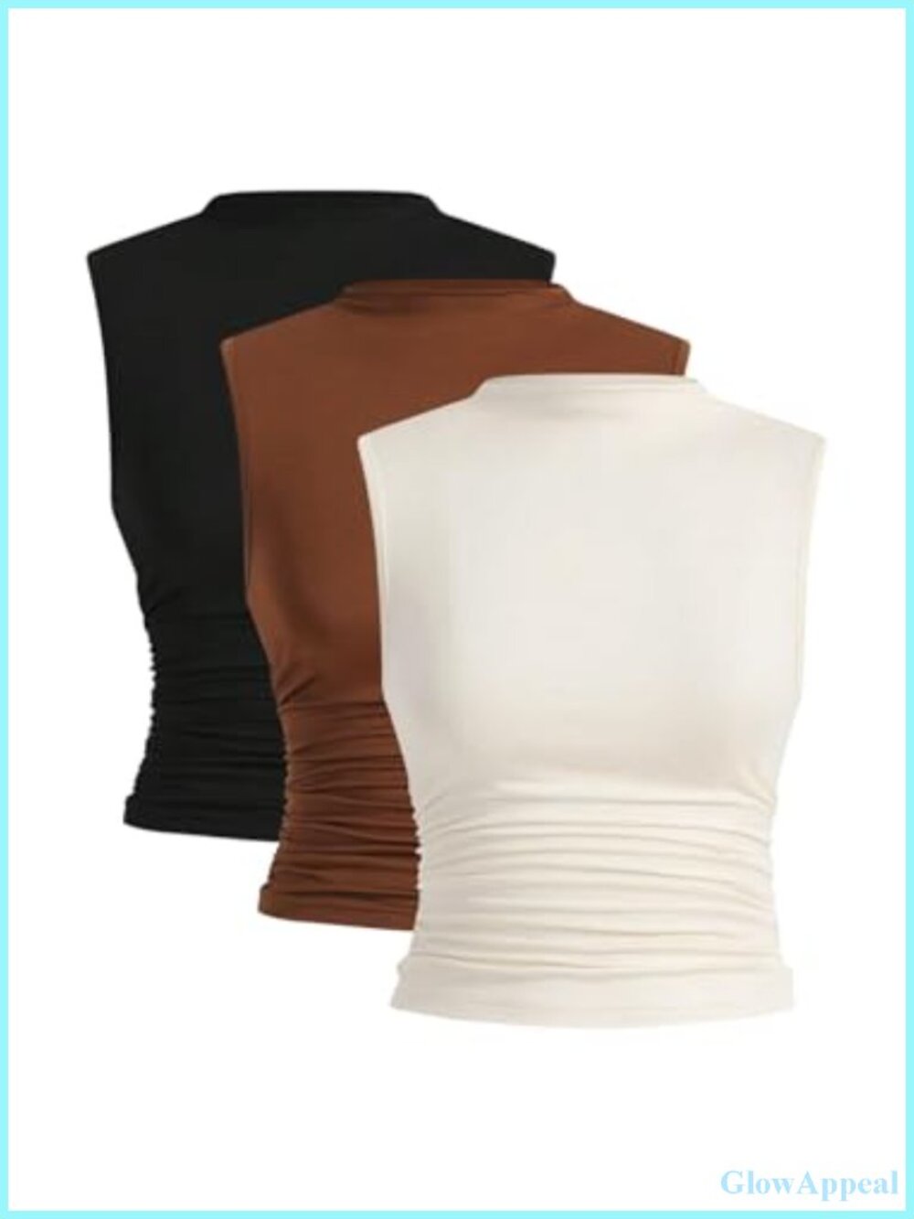 Women's 3 Pack Ruched Mock Neck Sleeveless Fitted Tank Tops